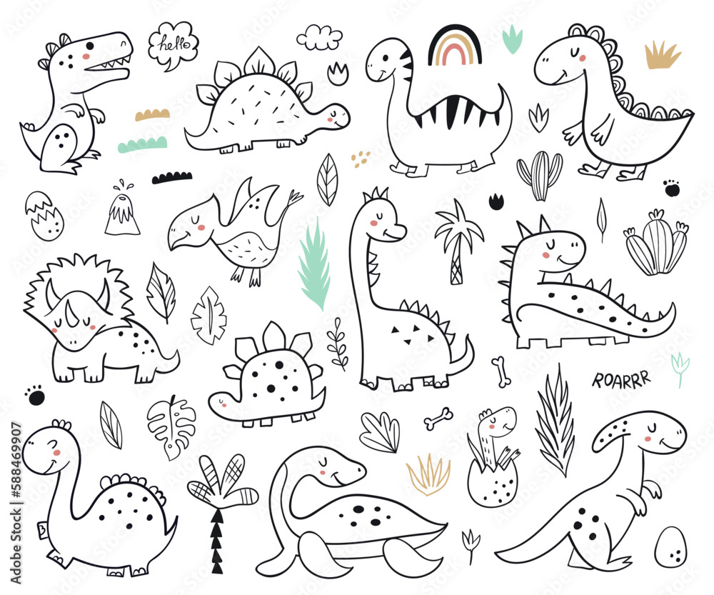 Collection of cute hand drawn dinosaurs Stock Vector | Adobe Stock