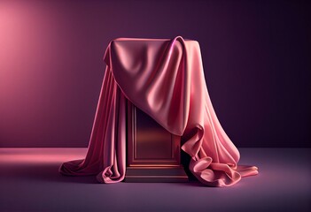 a pink podium with a pink cloth draped over. Generative AI