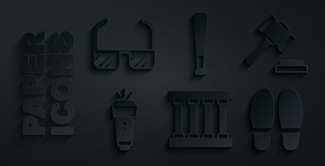 Sticker - Set Prison window, Judge gavel, Flashlight, Footsteps, Baseball bat and Safety goggle glasses icon. Vector