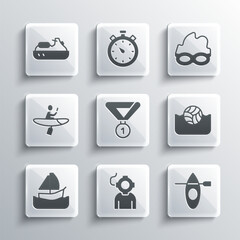 Sticker - Set Aqualung, Kayak and paddle, Water polo, Medal, Yacht sailboat, Jet ski and Glasses for swimming icon. Vector