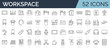 © SkyLine - Set of 52 line icons related to Workspace and office, coworking.  Equipment and furniture. Editable stroke. Outline icon collection. Vector illustration