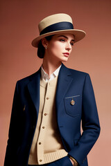 Wall Mural - Fashionable studio portrait of stylish young elegant luxury woman in straw beige hat and blue coat or jacket in retro style on beige background