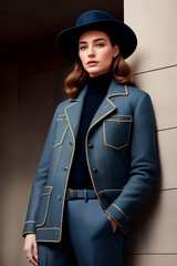 Wall Mural - Street fashion portrait of stylish young elegant luxury woman in blue hat and blue coat or jacket in retro style