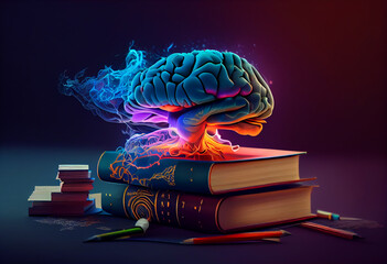 Human brain above stack of books, concept of learning and reading and mental development.