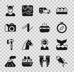 Wall Mural - Set Fish, Whale tail, Compass, Car, Swiss army knife, Photo camera, Viking head and Hotdog sandwich icon. Vector