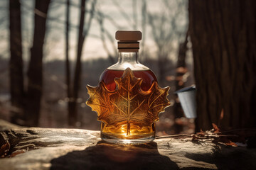 bottle of maple syrup in the snow. canadian tradition. at the back we see the sugar shack. genered p