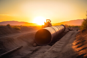 Pipeline construction with construction equipment in the background. Sunset. High quality generative ai