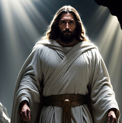 A resurrected Jesus Christ in white robes coming out of the tomb in the cave, godrays of holy light, generative AI