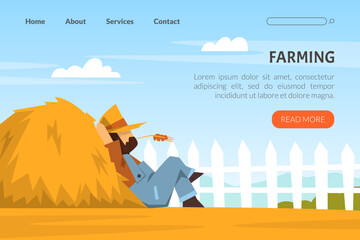 Sticker - Farming landing page template. Man farmer sitting leaning against haystack. Farm industry, gardening web page cartoon vector