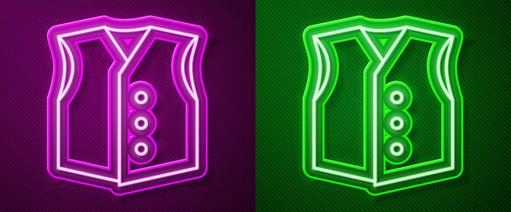 Poster - Glowing neon line Waistcoat icon isolated on purple and green background. Classic vest. Formal wear for men. Vector