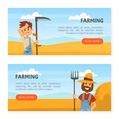 Wall Mural - Farming landing page templates set. Male farmers with working tools. Farm industry, gardening web page cartoon vector