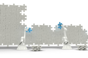 Poster - robotic arms setting up blue jigsaw piece on puzzle