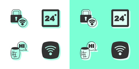 Poster - Set Wi-Fi wireless internet network, Digital door lock, Voice assistant and Thermostat icon. Vector