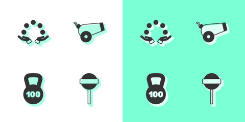 Sticker - Set Lollipop, Juggling ball, Weight and Cannon icon. Vector