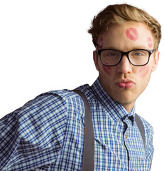 Wall Mural - Geeky hipster covered in kisses