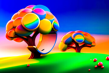 Sticker - Digital painting of colorful tree with balls in the foreground and blue sky in the background. Generative AI.