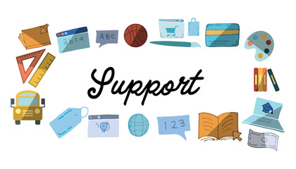 Sticker - Support text surrounded by various colorful vector icons