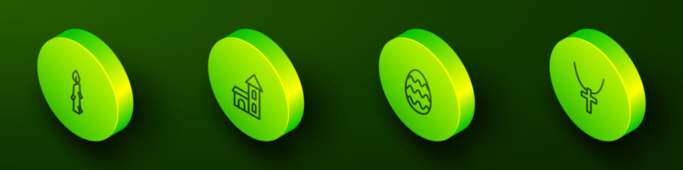 Sticker - Set Isometric line Burning candle, Church building, Easter egg and Christian cross on chain icon. Vector