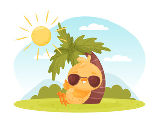 Wall Mural - Cute Yellow Chicken in Sunglasses Sunbathing Under Palm Tree Vector Illustration