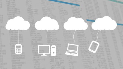 Poster - Animation of cloud icons with electronic devices and screen with computer data processing