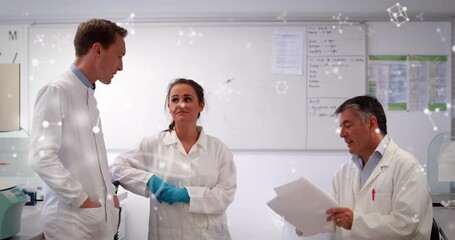 Poster - Animation of molecules moving over diverse scientists in laboratory