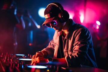 Wall Mural - DJ with headphones at night club party under the blue and pink neon lights with people crowd in background. High quality generative AI