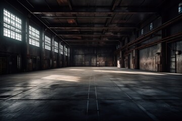 Three dimensional render of dark empty warehouse. AI generated