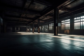 Three dimensional render of dark empty warehouse. AI generated