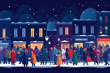 Poster - Nightlife street big crowd of people celebrate in snow season. Generative AI