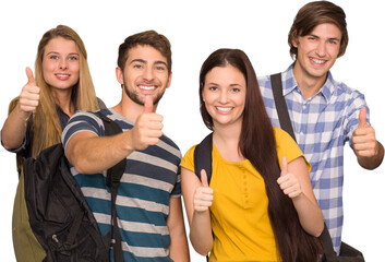 Poster - Happy students gesturing thumbs up at college corridor