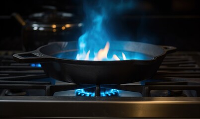  a skillet on a stove with blue flames in it.  generative ai