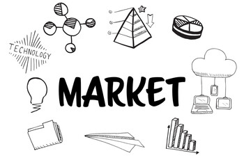 Poster - market text surrounded by various icons
