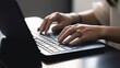 © Stitch - Woman hands typing on computer keyboard closeup, businesswoman or student girl using laptop at home, online learning, internet marketing, working from home, office workplace freelance concept. Ai