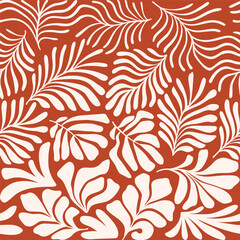 Brown white abstract background with tropical palm leaves in Matisse style. Vector seamless pattern with Scandinavian cut out elements.