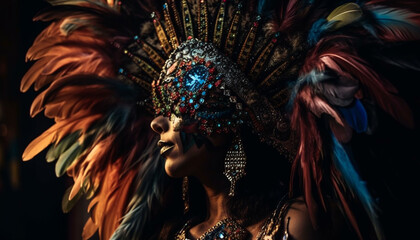 Poster - Beautiful Brazilian dancer adorned in colorful feathers generated by AI