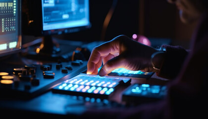 Poster - Finger taps keyboard, illuminating desk at night generated by AI