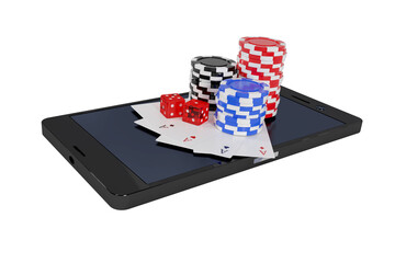 Sticker - Stack of casino tokens with playing cards and dice on smartphone