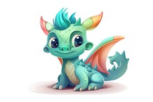 Very Cute Light Blue Baby Dragon On Isolated Background. 3d Illustration Digital Art.