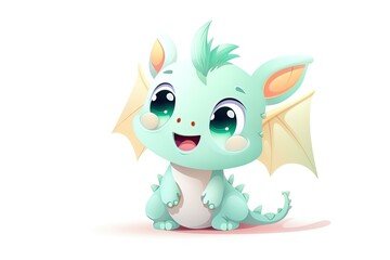 Wall Mural - Very cute light blue baby dragon on isolated background. 3d illustration digital art.