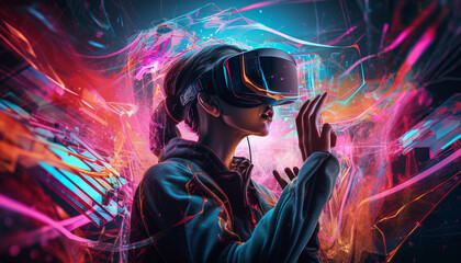 Wall Mural - Young adults enjoying futuristic virtual reality simulator game generated by AI