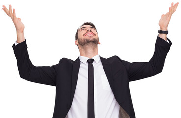 Canvas Print - Businessman cheering with hands raised