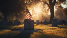 American Flag By Headstone, Sunlight, Memorial Day, Generative IA