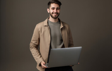 AI generated young happy handsome man looking at the camera using a laptop device , typing on the keyboard with one hand , isolated on a monocolor background