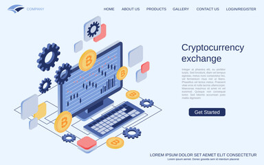 Cryptocurrency exchange, virtual money, digital trading modern 3d isometric vector concept illustration. Landing page design template