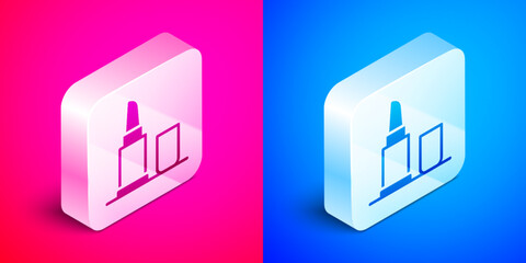 Poster - Isometric Lipstick icon isolated on pink and blue background. Silver square button. Vector