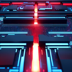 Poster - Abstract technology background features a digital, futuristic design with circuit-like patterns and geometric shapes in a red, blue and black color scheme. Generative AI