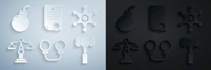 Wall Mural - Set Handcuffs, Hexagram sheriff, Scales of justice, Judge gavel, Certificate template and Bomb ready to explode icon. Vector