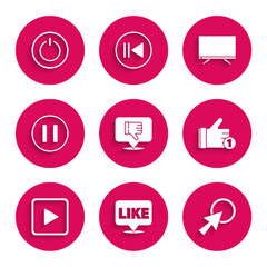 Poster - Set Dislike in speech bubble, Like, Arrow cursor, Hand, Play square, Pause button, Smart Tv and Power icon. Vector