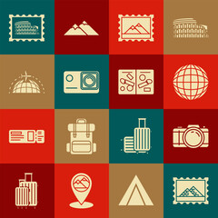 Sticker - Set Postal stamp and Egypt pyramids, Photo camera, Earth globe, Mountains, Action extreme, Globe with flying plane, Coliseum and Passport pages visa stamps icon. Vector