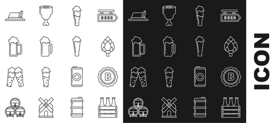 Poster - Set line Pack of beer bottles, Bottle cap with inscription, Hop, Glass, Oktoberfest hat and icon. Vector